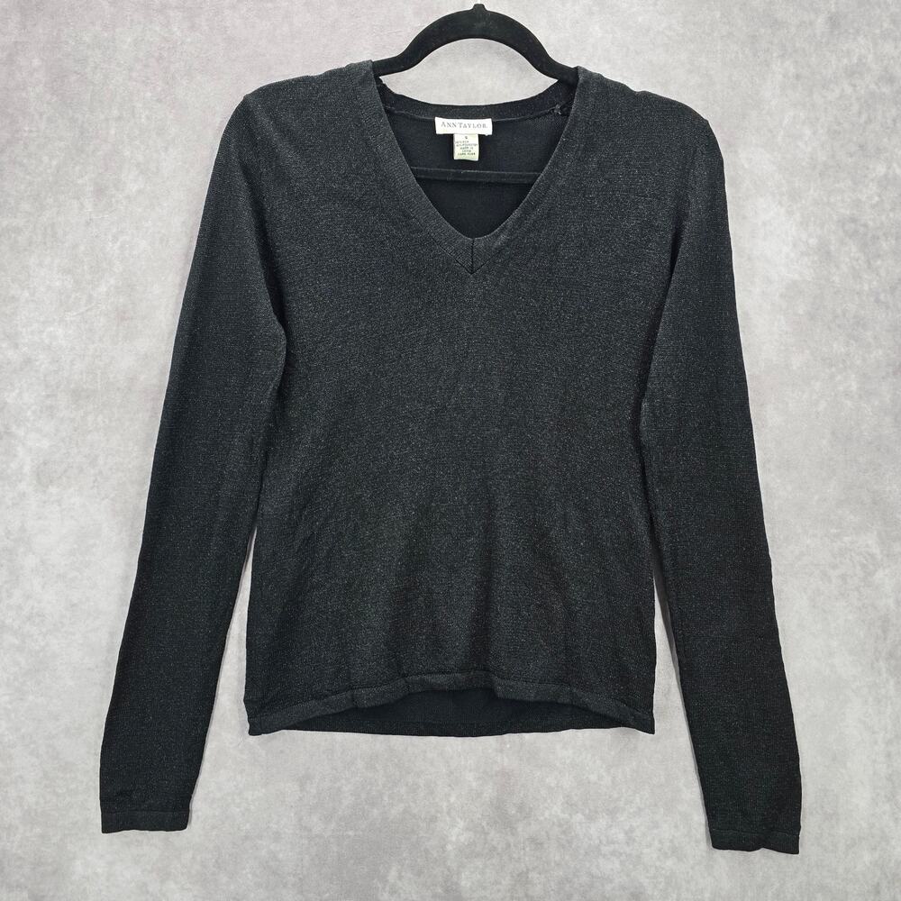 Ann Taylor Black Silver Metallic Long Sleeve Pullover Party Silk Sweater S Small